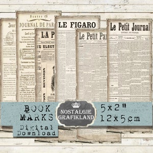 May include: A set of five vintage newspaper-style bookmarks featuring French text. The bookmarks are 5 inches by 2 inches and are perfect for adding a touch of vintage charm to your books.