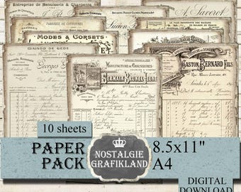 EPHEMERA digital French Documents Papers Vintage Receipts Invoices Letter Bill Antique 8.5x11" PP063