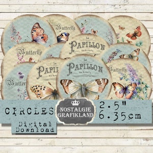 Vlinders Cirkels Vlinder Papillons Shabby Chic Insect 2,5 inch afdrukbare Instant Download digitale collage blad C101