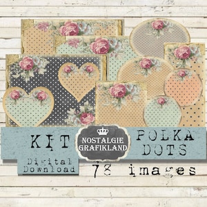 Peut inclure: Un kit de téléchargement numérique de 78 images avec des motifs à pois de différentes couleurs, notamment pêche, sarcelle et gris. Les images comprennent des cœurs, des cercles et des carrés avec des accents floraux. Le kit est intitulé "Polka Dots" et provient de la boutique "Nostalgie Grafikland".