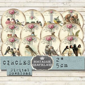 Cercles oiseaux numérique imprimable 2 pouces Shabby Chic journalisation imprime Swallow Robin Téléchargement instantané feuille de collage numérique C187
