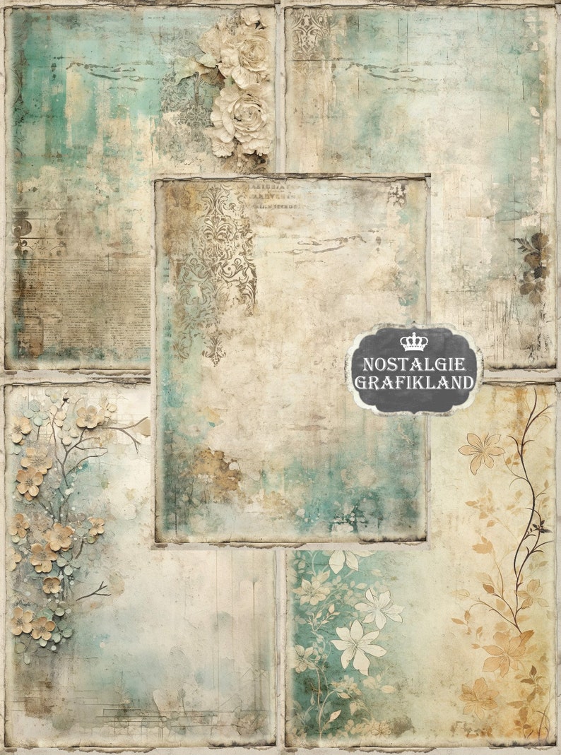 SHABBY FADED Teal Tan digital printable Paper Pack Damask Floral Papers Journaling prints Download 8.5x11 PP091 image 3