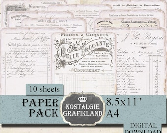 DOCUMENTS Shabby Chic digital Papers Vintage Journal printable Receipts Invoices Journaling Paper 8.5x11" PP102