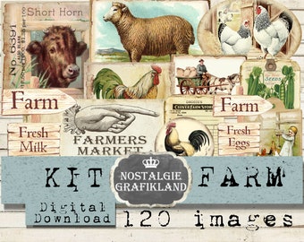 FARM Kit PDF Junk Journa Kits Farming Rooster Cow Sheep Vegetable printable Set Papers Download digital collage sheet KT09