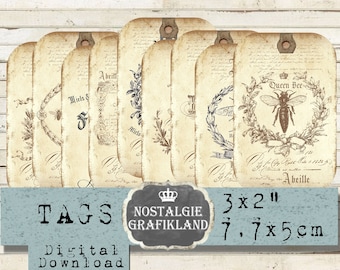 Bees Tags Queen Bee Honey Vintage Journaling Abeille Insects Miel printable digital sheet T135