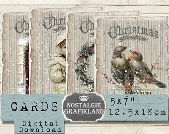 May include: Set of four vintage-style Christmas cards featuring a snowy winter scene. The cards are 5x7 inches and feature images of a girl in a white coat, a wreath with holly, and two birds on a branch. The cards are labeled "Christmas" and "Cards".