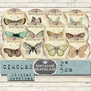 Vlinders cirkels Papillon Butterfly 2 inch Vintage Instant Download digitale collage blad C136