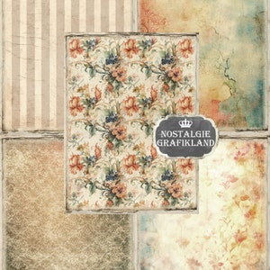 May include: A digital collage of four vintage-style papers with distressed edges. The top left paper has a striped pattern. The top right paper has a watercolor background with a blue and green color scheme. The bottom left paper has a brown and green speckled pattern. The bottom right paper has a floral pattern with a light background and orange, red, and green flowers. The center paper has a floral pattern with a light background and orange, red, and green flowers. The text "Nostalgie Grafikland" is on a black chalkboard with a crown.