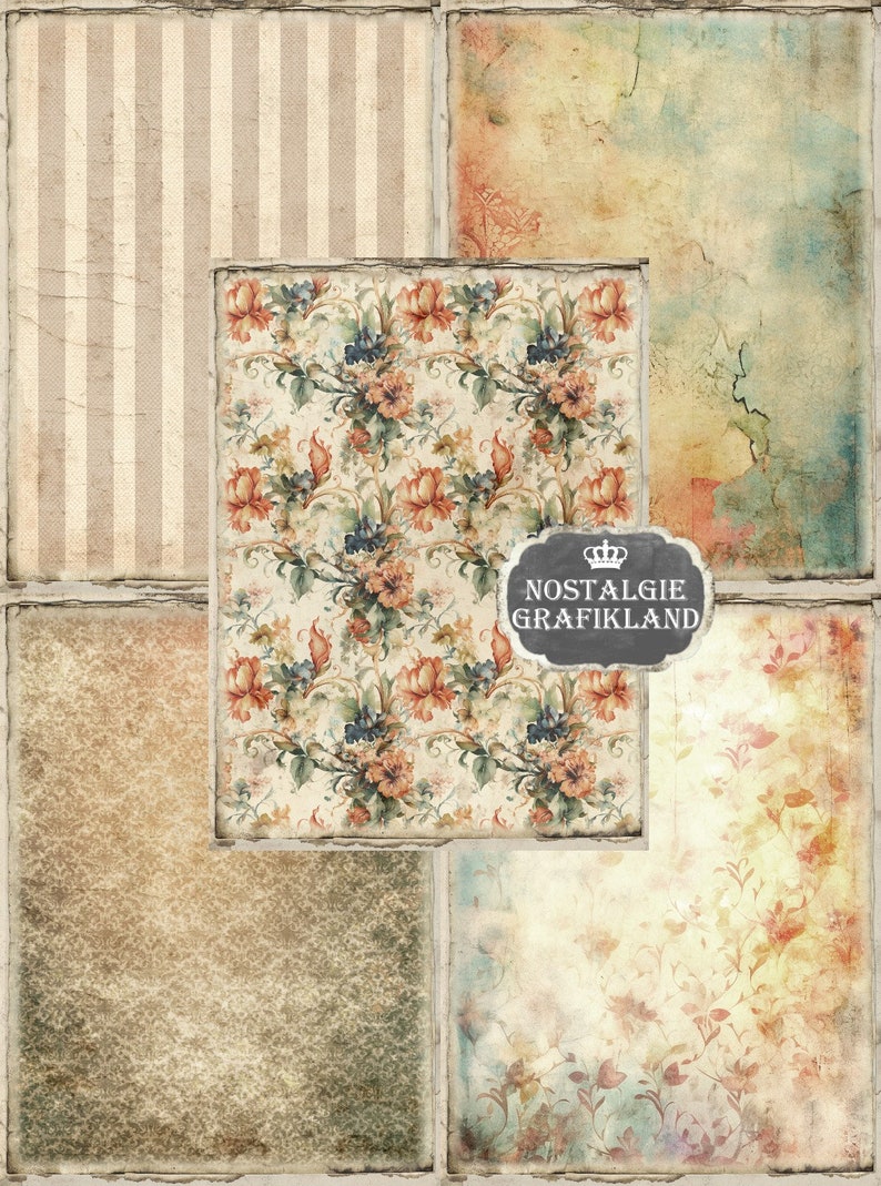 May include: A digital collage of four vintage-style papers with distressed edges. The top left paper has a striped pattern. The top right paper has a watercolor background with a blue and green color scheme. The bottom left paper has a brown and green speckled pattern. The bottom right paper has a floral pattern with a light background and orange, red, and green flowers. The center paper has a floral pattern with a light background and orange, red, and green flowers. The text "Nostalgie Grafikland" is on a black chalkboard with a crown.