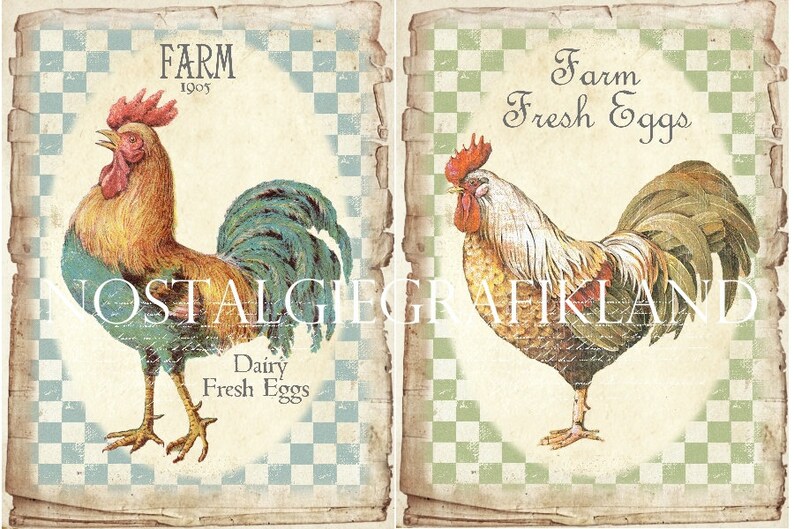 Farm Printable Rooster Hen Fresh Eggs Set Papers Shabby Chic | Etsy