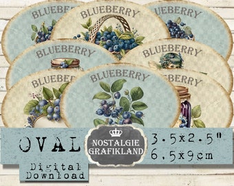Blueberry Labels Fruits Jam Shabby Chic Oval printable Marmelade Oval 3.5x2.5 digital collage sheet O85