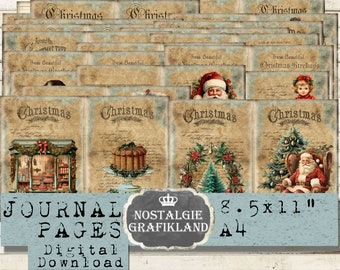 Puede incluir: Un conjunto de 8,5 x 11 pulgadas de páginas de diario digitales imprimibles con un tema navideño. Las páginas presentan ilustraciones vintage de árboles de Navidad, Papá Noel y otras imágenes festivas. El texto en las páginas dice "Navidad" y "Estas hermosas felicitaciones navideñas".