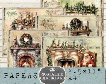 CHRISTMAS printable Fireplace Papers landscape Journaling X-mas Prints Download digital sheets 11x8.5 inch PPHE008