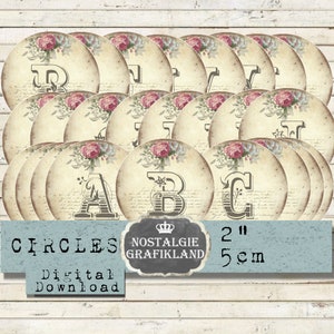 Alphabet printable ABC Shabby Chic Circles Organizing Monogram Initials Journaling Journals 2 inch Download digital collage C107