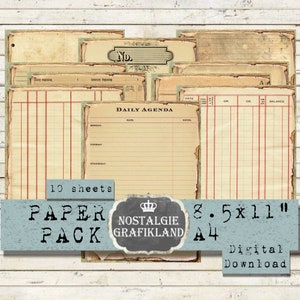 EPHEMERA printable Tattered Vintage Paper Pack printable Antique Ledgers Old Junk Journaling Download digital collage sheet 8.5x11&quot; PP098