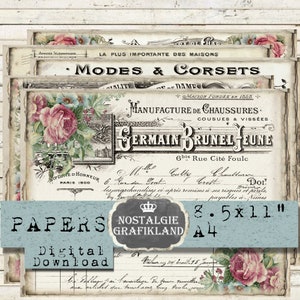 DOCUMENTS FRANÇAIS papiers imprimables paysage Ephemera Roses scrapbook numérique horizontal Journaling Télécharger feuilles numériques 11x8.5" PPH5112