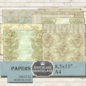Papel de parede imprimível DAMASK com estampa de rosas, paisagem horizontal, estilo vintage, para scrapbook, download em tamanho 11x8,5" (PPH020)