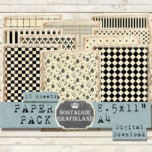 Sfondo BEIGE NERO Carta stampabile Confezione Strisce Puntini Quadretti Diario spazzatura Halloween Scarica collage digitale 8,5 x 11" PP111