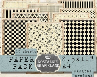 BLACK BEIGE Background printable Paper Pack Stripes Dots Checked Junk Journal Halloween Download digital collage 8.5 x 11&quot; PP111