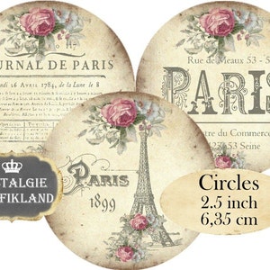 Paris Français Cercle 2,5 pouces Tour Eiffel Fleur de Lis Louvre Shabby Chic Téléchargement instantané feuille de collage numérique C164