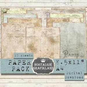 French Paris Paper Pack printable Journaling France Ledger Vintage Download digital collage sheet 8.5x11" PP144