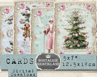 クリスマスカード ピンク クリスマス シャビーシック ペーパー 印刷可能 クリスマスツリー ジャーナリング 5x7 G028
