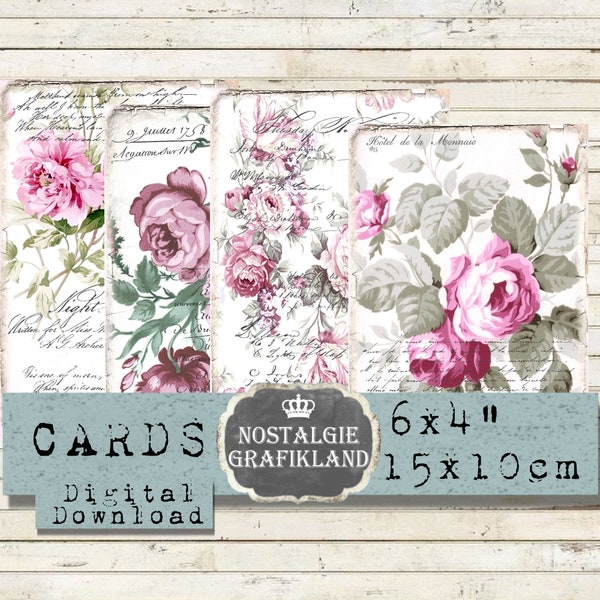 French Roses printable Background Shabby Chic Ephemera prints Pink Roses Journaling Cards 6x4 inch Download digital collage sheet D201