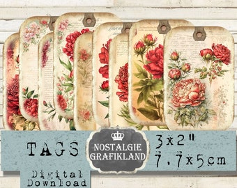 Red Peonies printable Tags Flowers Floral Botanical Shabby Chic Journaling Download digital collage T059
