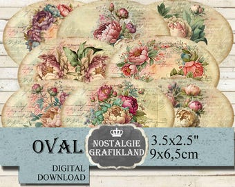 Peonies Labels French Ephemera Ovals Flowers Floral Download digital collage sheet 3.5x2.5 O170