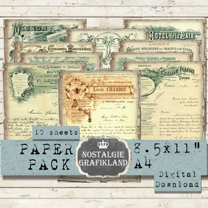 EPHEMERA printable French Documents Papers Vintage Receipts Invoices Letter Bill Paper Pack Journaling Download digital sheets 8.5x11" PP022