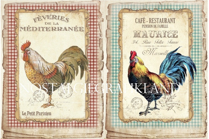 Rooster printable Hen Fresh Eggs Farm Papers Shabby Chic Vintage Large Image Digital Download digital collage sheet 8.5x11 PP169