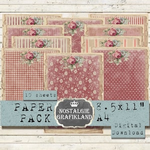 RED BACKGROUND Shabby Chic Paper Pack Vintage printable Strips Polka Dots Checked Junk Journal Download digital collage PDF 8.5x11&quot; PP120