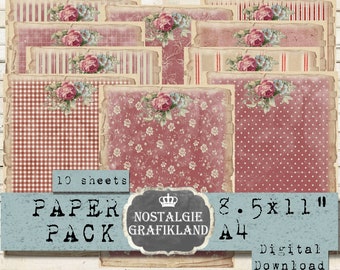 Fondo ROJO Shabby Chic Paper Pack Vintage imprimible Tiras Lunares Diario basura a cuadros Descargar collage digital PDF 8.5x11" PP120