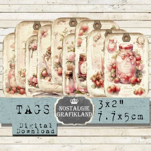 Strawberries Tags digital Shabby Chic Fruits Journaling printable Download digital collage sheet T064