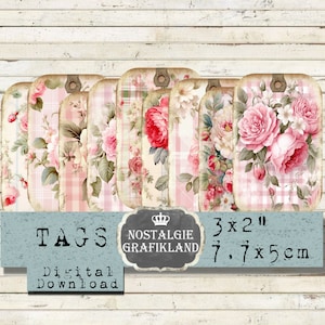 Rosen Anhänger digital Tags Shabby Chic Rosa Rot Journaling Instant Download digital collage sheet T094