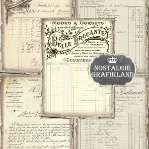 May include: A collage of vintage paper documents with handwritten text in French and English. The documents include a business card for a hair salon, a price list for a shop, and a handwritten note. The documents are aged and have a distressed look.