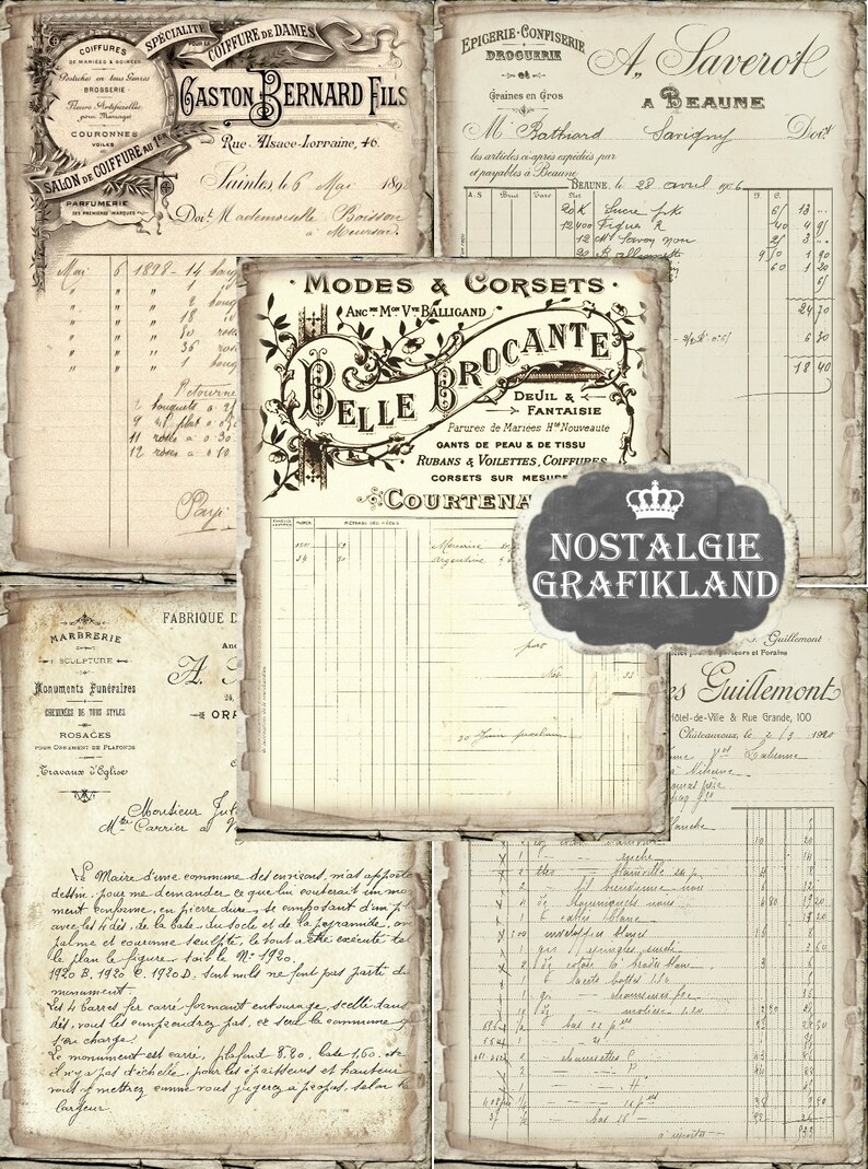 May include: A collage of vintage paper documents with handwritten text in French and English. The documents include a business card for a hair salon, a price list for a shop, and a handwritten note. The documents are aged and have a distressed look.