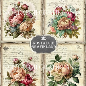 PEONIES printable French Vintage Journaling Flowers prints Papers Download Journal digital sheet 8.5x11 PPS012 image 3