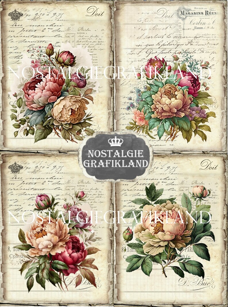 PEONIES printable French Vintage Journaling Flowers prints Papers Download Journal digital sheet 8.5x11 PPS012 image 3