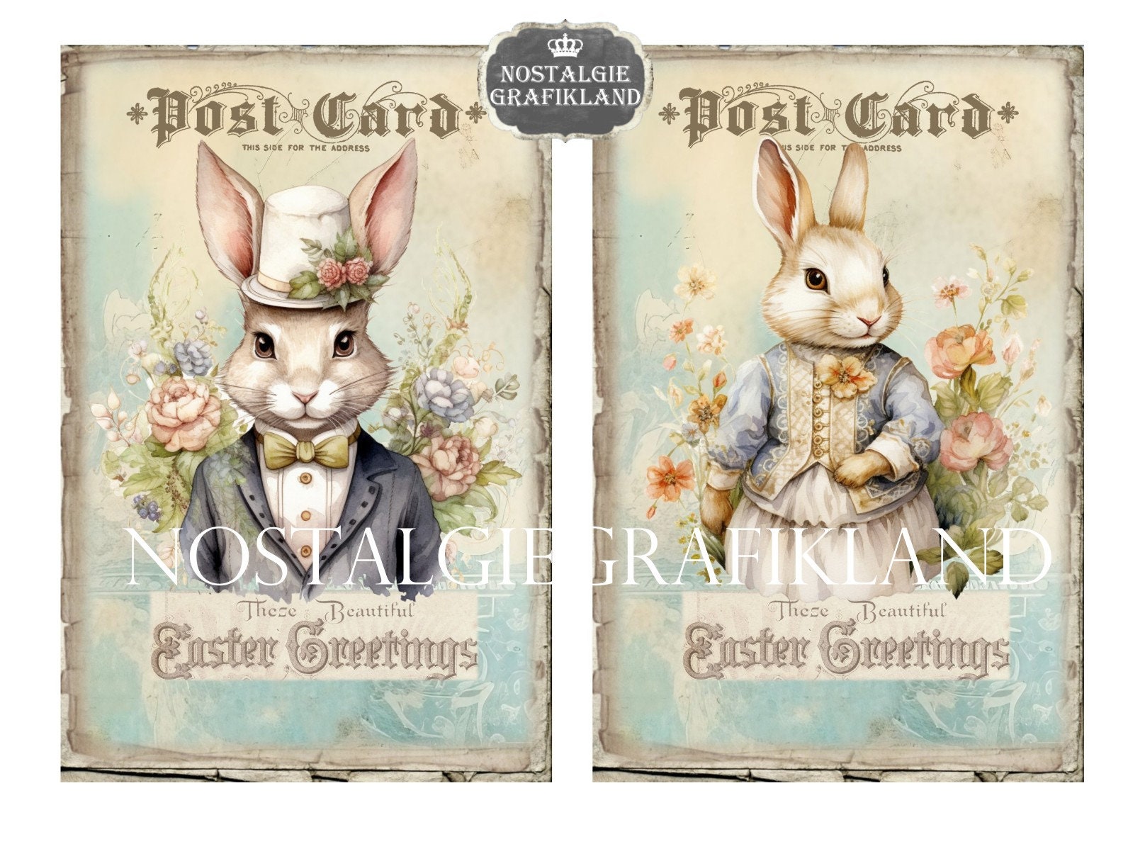 Easter Rabbits Postcards Printable Bunnies Bunny Cards 6x4 Journaling ...