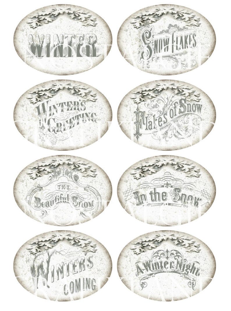 Winter Labels Snow Printable Greetings Snowflakes Ice Oval 3 5 Etsy