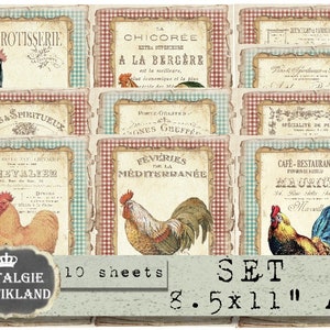 May include: A set of 10 printable digital paper sheets featuring vintage French-style designs with roosters, gingham patterns, and text in French. The sheets are 8.5 x 11 inches and are perfect for crafting projects.