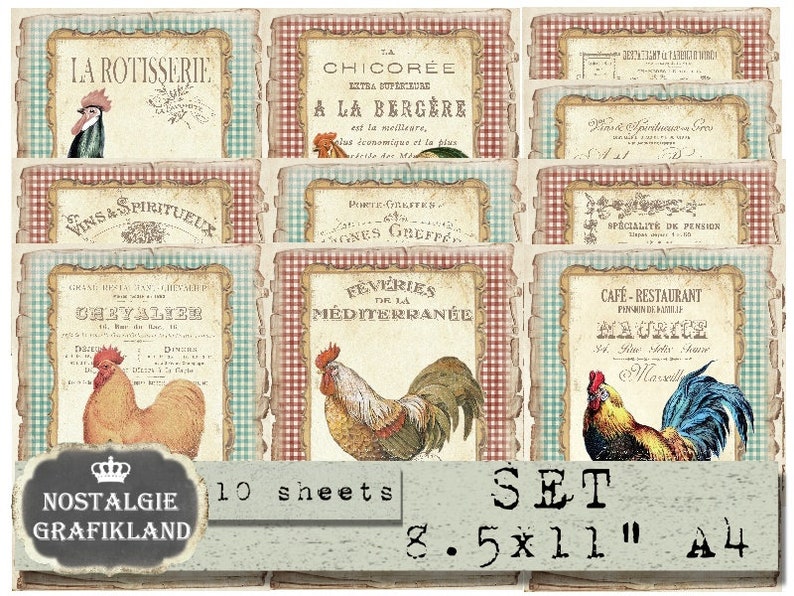 Rooster printable Hen Fresh Eggs Farm Papers Shabby Chic Vintage Large Image Digital Download digital collage sheet 8.5x11 PP169