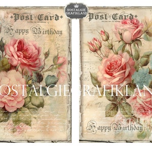 May include: Two vintage-style postcards with a floral design featuring pink roses and green leaves. The text "Post Card" and "Happy Birthday" is written on each card.
