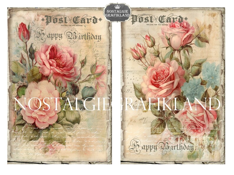 May include: Two vintage-style postcards with a floral design featuring pink roses and green leaves. The text "Post Card" and "Happy Birthday" is written on each card.