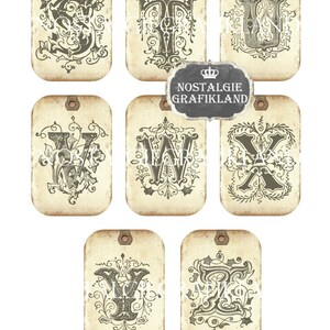 Puede incluir: Conjunto de ocho etiquetas de regalo imprimibles de estilo vintage con las letras S, T, U, V, W, X, Y y Z. Cada letra est&aacute; en una fuente decorativa con florituras ornamentadas y est&aacute; impresa en un fondo de papel envejecido y desgastado.