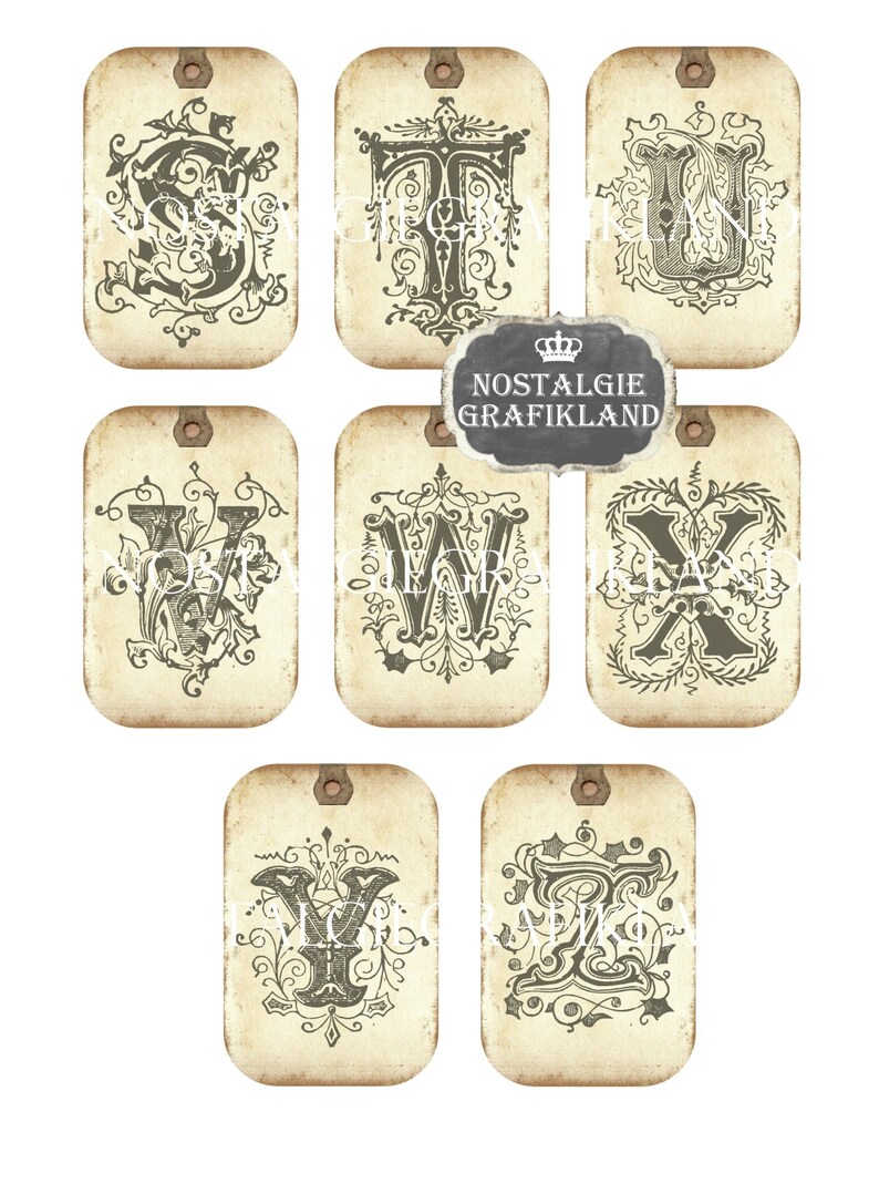 Puede incluir: Conjunto de ocho etiquetas de regalo imprimibles de estilo vintage con las letras S, T, U, V, W, X, Y y Z. Cada letra est&aacute; en una fuente decorativa con florituras ornamentadas y est&aacute; impresa en un fondo de papel envejecido y desgastado.