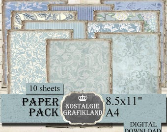 BLUE Paper Pack printable Background Damask Floral digital Papers Vintage Journal Prints 8.5x11" PP081