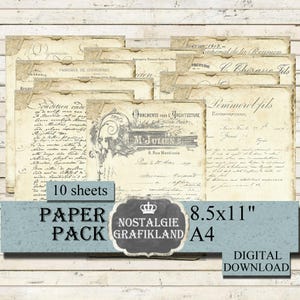 LETRAS FRANCESAS Papéis digitais Rasgados efêmeros Imprimíveis Caligrafia Francesa Diário Antigo 8,5x11" PP112