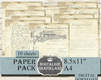 FRENCH LETTERS digital Papers Tattered Ephemera printable Handwriting French Journaling Old 8.5x11" PP112
